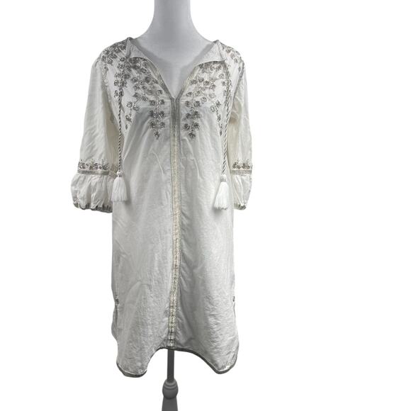 Gretchen Scott Beaded Embroidered Cotton Cleopatra Dress Sz S Beach Tassel Boho - Picture 5 of 12
